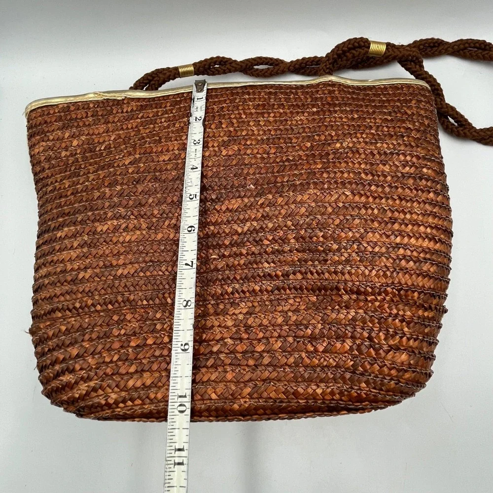 Worthington Tote Bag Brown Womens Woven Straw Gold Trim H 10 x W 14 x D 4.5 in